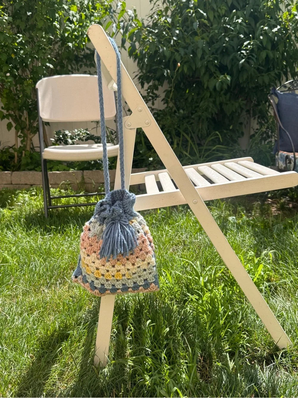 Handmade Crochet Granny Stitch Drawstring Bucket Bag | Boho Tassel Purse